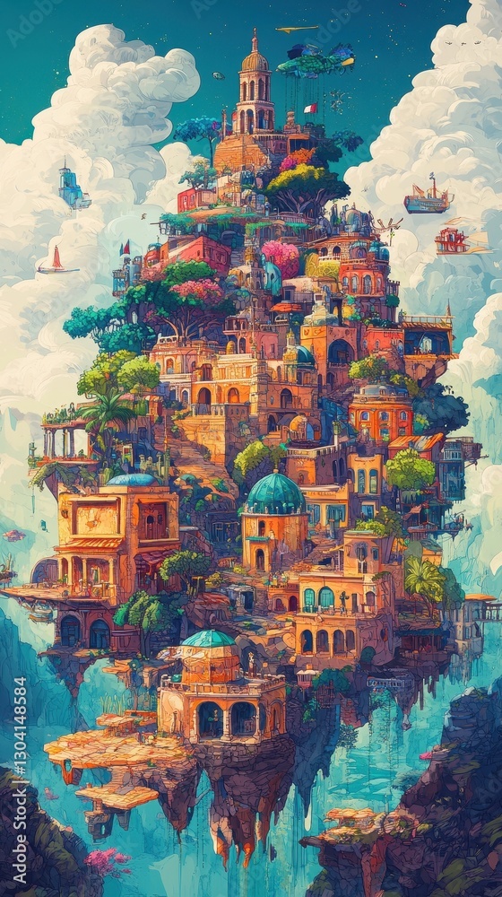 Obraz premium A beautiful vibrant fantasy floating city amidst the puffy clouds