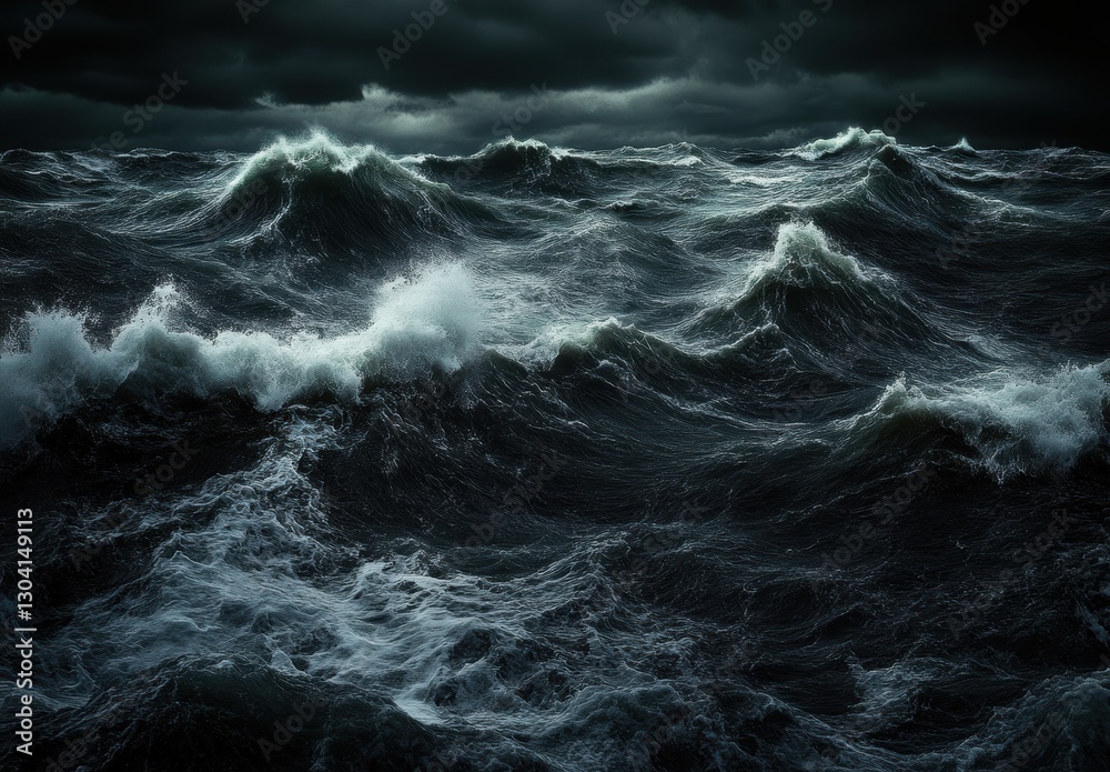 Naklejka premium Turbulent Ocean Waves Under Dark Stormy Clouds Capturing Nature's Energy and Power in a Chaotic Seascape at Dusk