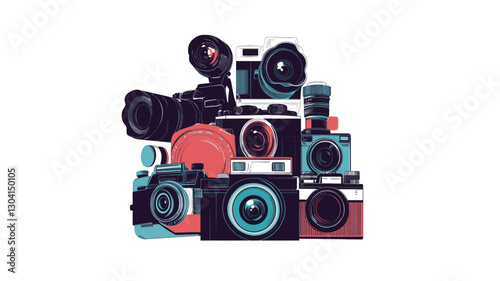 A digital illustration depicting a pile of various cameras, both vintage and modern styles. The cameras are rendered in a flat, graphic style with bold colors against a white background.