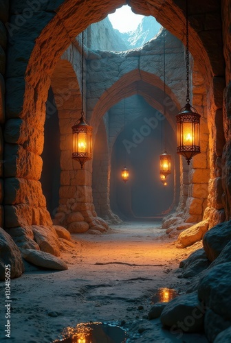 Mysterious Stone Corridor Illuminated by Hanging Lanterns in a Secluded Ancient Passageway