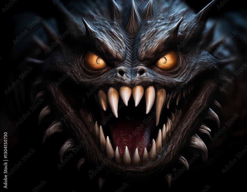 Fierce creature with glowing eyes and sharp teeth captures dark fantasy essence in detailed artwork Fierce creature with glowing eyes and sharp teeth captures dark fantasy essence in detailed artwork