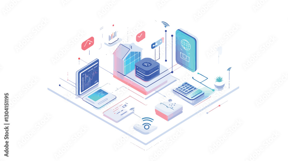 Isometric illustration depicting a smart home system. The image features a stylized house model at the center, surrounded by various technological devices including a smartphone, laptop, Isometric illustration depicting a smart home system. The image features a stylized house model at the center, surrounded by various technological devices including a smartphone, laptop,