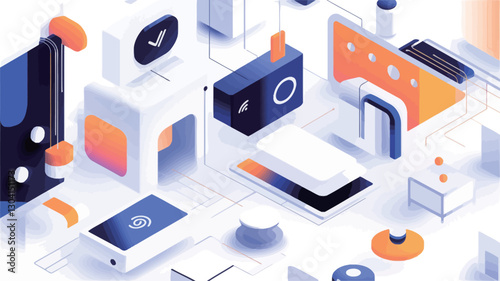 The image is a vibrant, colorful isometric illustration depicting a multitude of interconnected digital devices and interfaces.  The style is abstract and modern, utilizing a range of