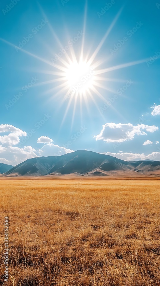 Fototapeta premium Field Sunburst Grassy Plains, Hill, Sunny Sky
