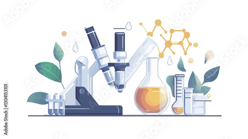 A stylized illustration depicting a microscope, Erlenmeyer flask containing yellow liquid, graduated cylinder, and small vials.  The illustration is rendered in a flat, vector style with
