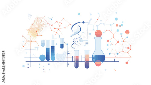 An illustration depicting various laboratory glassware, including test tubes, beakers, and a flask, containing colorful liquids.  The glassware is situated on a shelf or counter.  The