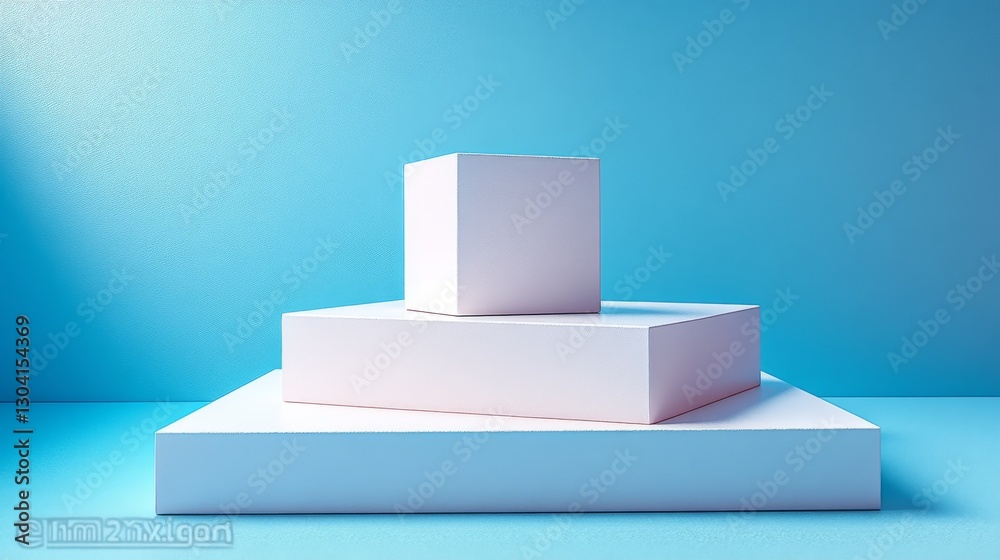 Three white cubic platforms on a blue background, ideal for product display or presentations. Three white cubic platforms on a blue background, ideal for product display or presentations.