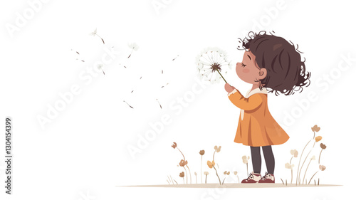 Digital illustration of a young girl with brown curly hair wearing an orange coat, standing in a field of small flowers and blowing on a dandelion, dispersing its seeds. The style is
