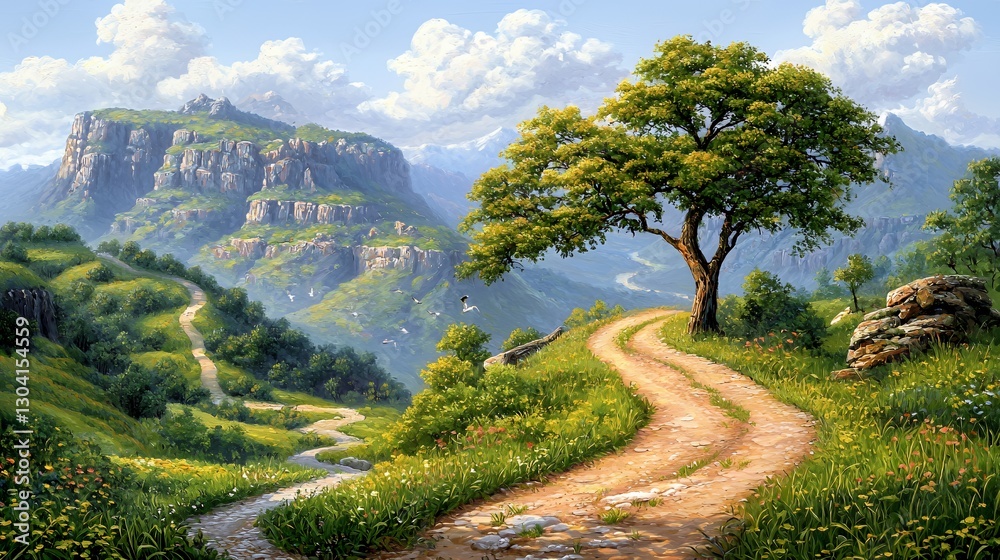 Obraz premium Winding Path Through Sunny Mountain Landscape