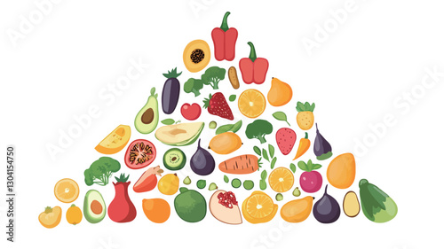 A digital illustration depicting a triangular arrangement of various fruits and vegetables. The fruits and vegetables are depicted in a cartoonish style with bright, saturated colors.  The
