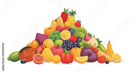 A digital illustration depicting a large pile of various fruits in a triangular shape against a white background. The fruits are brightly colored and appear to be rendered in a cartoonish