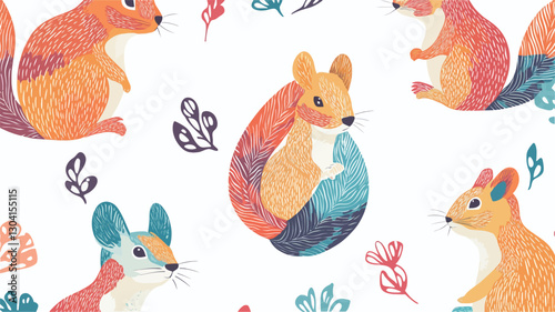 A repeating pattern featuring stylized illustrations of squirrels and other small rodents. The animals are depicted in a variety of vibrant, warm colors including oranges, yellows, blues