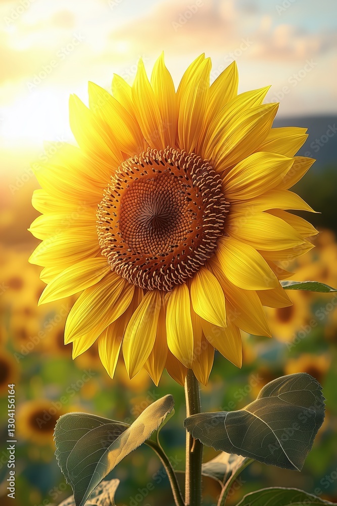 Obraz premium Vibrant sunflower in a field during golden hour with sunlight background