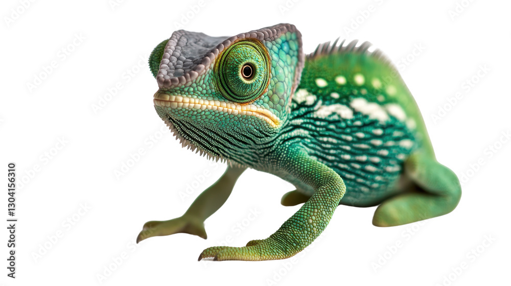 Obraz premium Colorful chameleon on white background, showcasing its vibrant scales and unique eyes