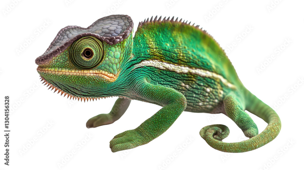 Fototapeta premium Colorful chameleon on white background, showcasing its vibrant scales and unique eyes