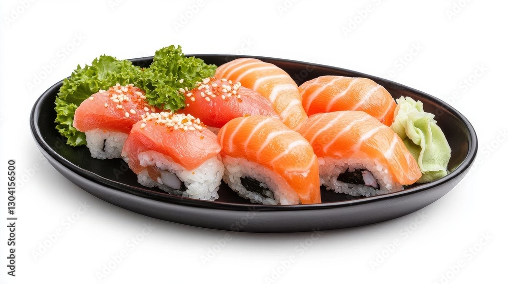 Delicious sushi served on a black plate, featuring fresh salmon and garnish. Delicious sushi served on a black plate, featuring fresh salmon and garnish.