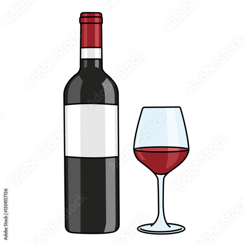 Bottiglia e bicchiere con vino rosso. Disegno simpatico stile fumetto vettoriale editabile	