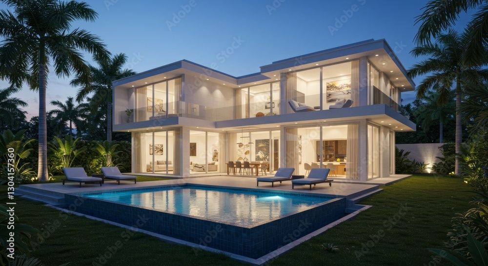 Modern luxury villa with swimming pool at dusk Modern luxury villa with swimming pool at dusk