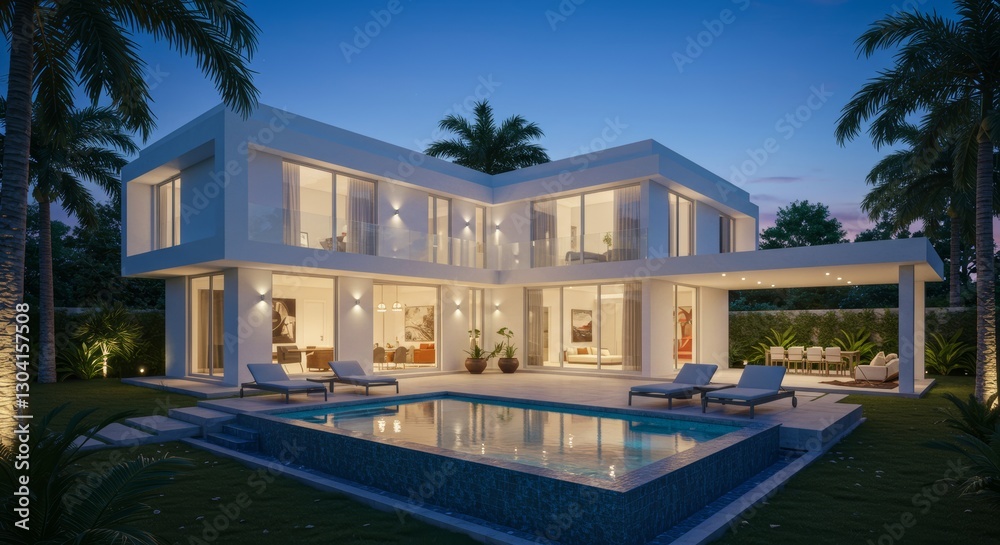 Fototapeta premium Modern luxury villa with swimming pool at dusk