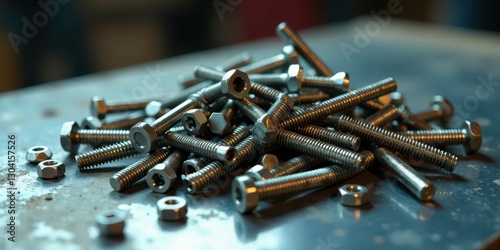 A Close-Up View of a Pile of Metal Bolts and Nuts on a Metallic Surface