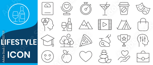 Lifestyle icon set. Containing healthy lifestyle, diet, exercise, sleep, relationships, running, routine, self-care, culture and hobbies icons.