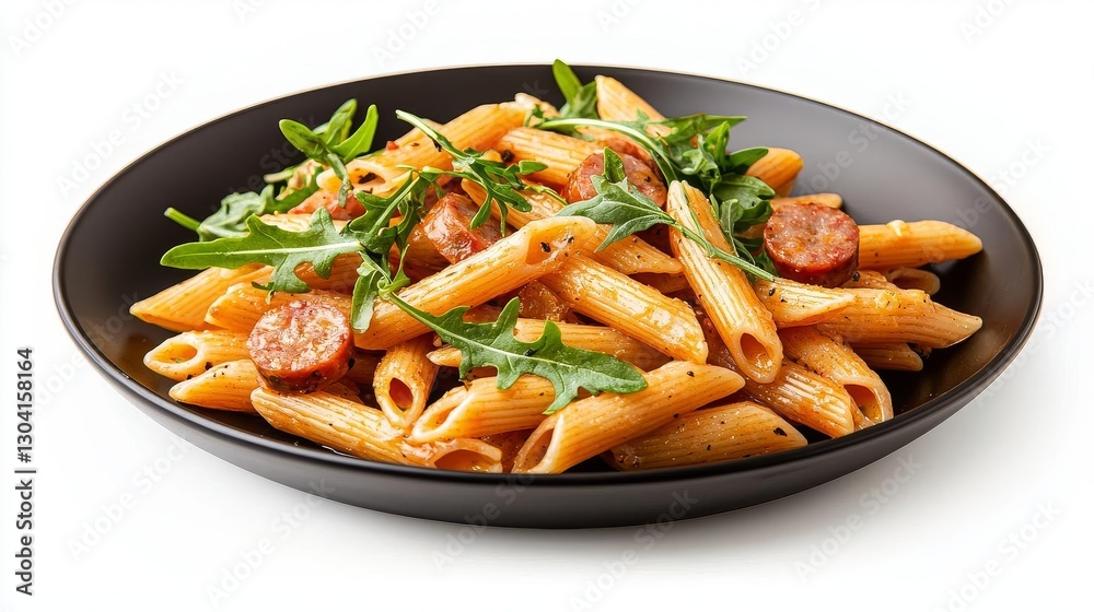 Delicious plate of penne pasta with sausage and fresh arugula on a black dish. Delicious plate of penne pasta with sausage and fresh arugula on a black dish.