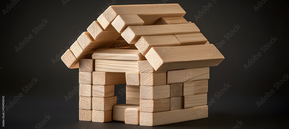 Wooden Blocks House Construction on Dark Background Wooden Blocks House Construction on Dark Background