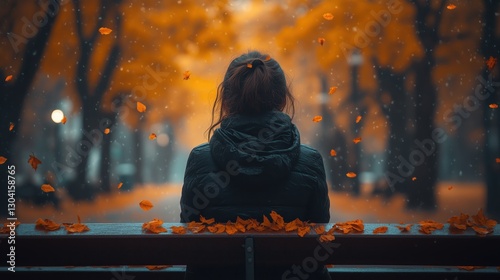 utumn solitude, thoughtful girl in park, fall season emotions, autumn nostalgia, peaceful autumn landscape, girl watching falling leaves, moody seasonal scene, rainy autumn day, autumn mist scenery,  photo