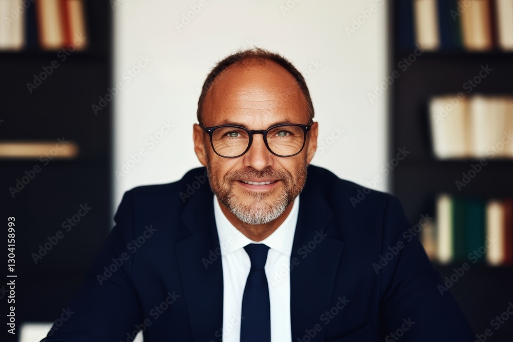 Professional man with glasses smiling confidently in modern office setting during daylight hours Professional man with glasses smiling confidently in modern office setting during daylight hours
