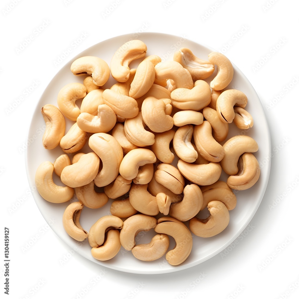 Fototapeta premium Whole Cashew Nuts Spread on White Background for Healthy Snacking and Cooking Purposes
