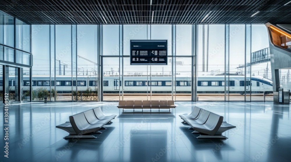 Fototapeta premium An ultra-modern waiting area with modular seating, interactive glass panels displaying real-time train schedules, AI Generative.