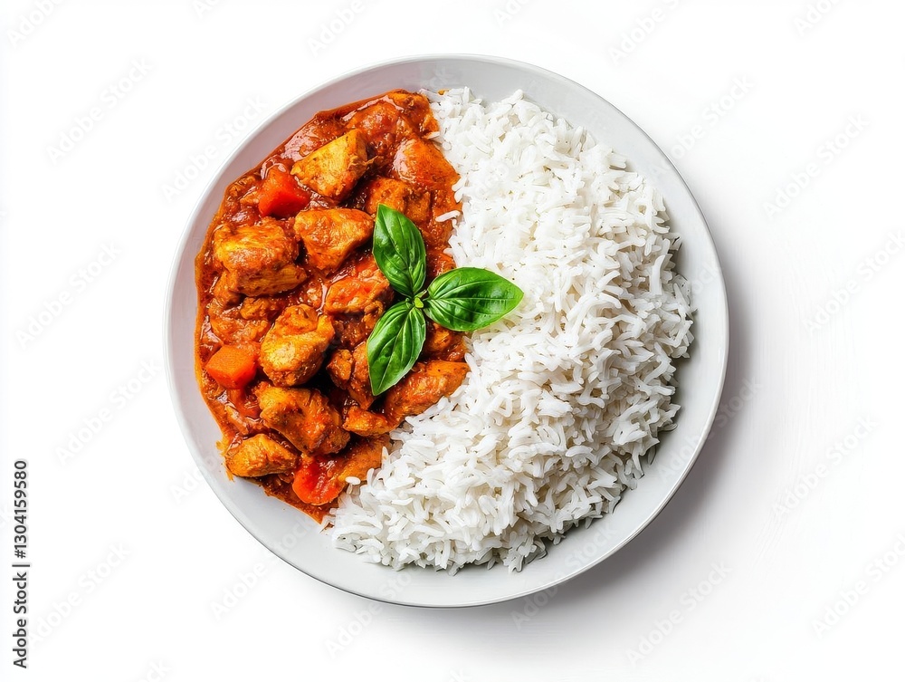 Delicious plate of chicken curry served with fluffy white rice and fresh basil garnish. Delicious plate of chicken curry served with fluffy white rice and fresh basil garnish.