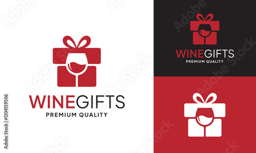 Gift box with Wine Glass Logo Design Template. Perfect for Wine Gift Shops, Souvenir Boxes, Hampers, Party and Birthday Celebration Gifts, or Corporate Gifting Business. Logo in Simple Modern Style