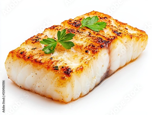 Deliciously grilled fish fillet garnished with fresh herbs and spices. photo