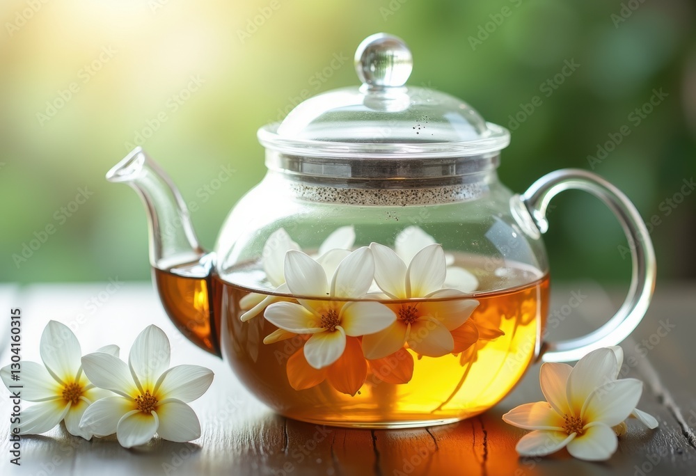 Glass teapot with chamomile herbal tea and flowers Glass teapot with chamomile herbal tea and flowers