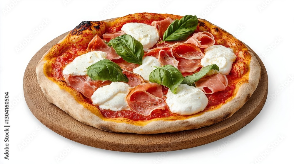 Delicious freshly baked pizza topped with mozzarella, basil, and cured meat. Delicious freshly baked pizza topped with mozzarella, basil, and cured meat.