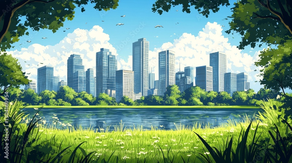 Obraz premium Cityscape Landscape Illustration with Lush Greenery