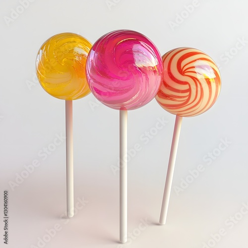 Colorful 3D Lollipops on White Background Displaying Vibrant Candy and Confectionery