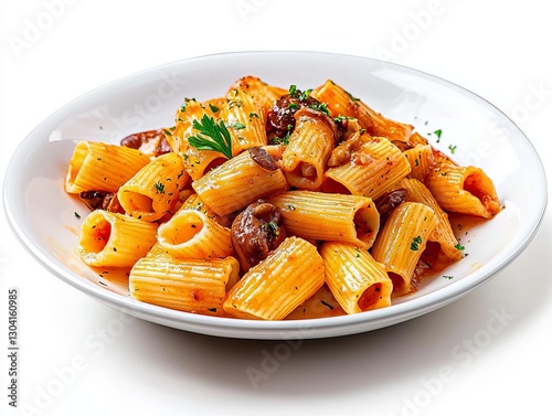 Delicious rigatoni pasta with rich sauce and garnished with fresh herbs on a plate.