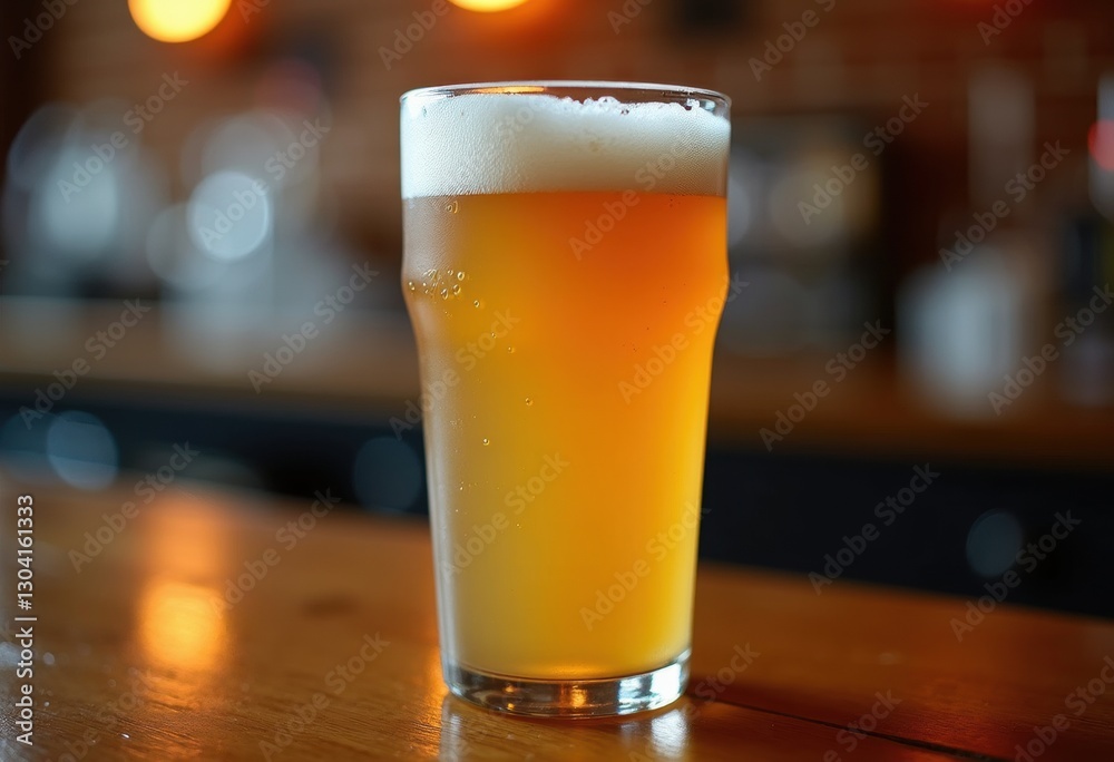 Cold pint of craft beer on a bar counter Cold pint of craft beer on a bar counter