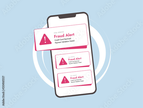 Mobile fraud alert with online shopping scam, fraudulent card payment, and hacker activity. Credit card declined notification warns users of security risks, fraud detection and identity theft threats