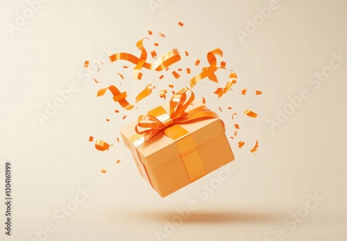 An open orange gift box with two fluttering golden ribbons on top and a soft light orange background.
style
