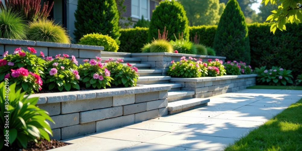 Fototapeta premium Serene Residential Landscaping Featuring Stonework and Vibrant Pink Flowers Planted in Neat Rows Along a Gently Sloping Pathway