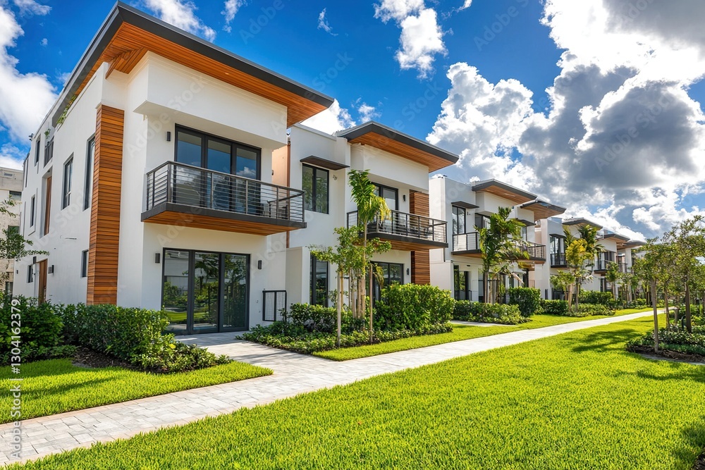 Fototapeta premium Modern White Houses with Wooden Accents and Lush Green Lawns