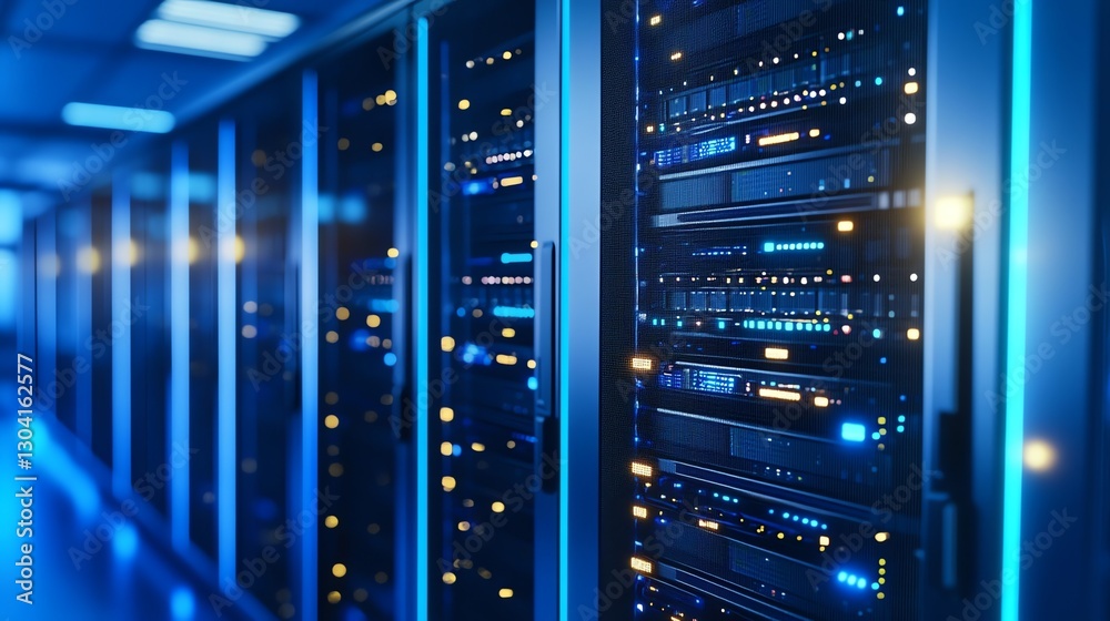 A detailed view of a modern data center showcasing servers, racks, and advanced tech. Perfect for IT, cloud computing, and digital transformation visuals