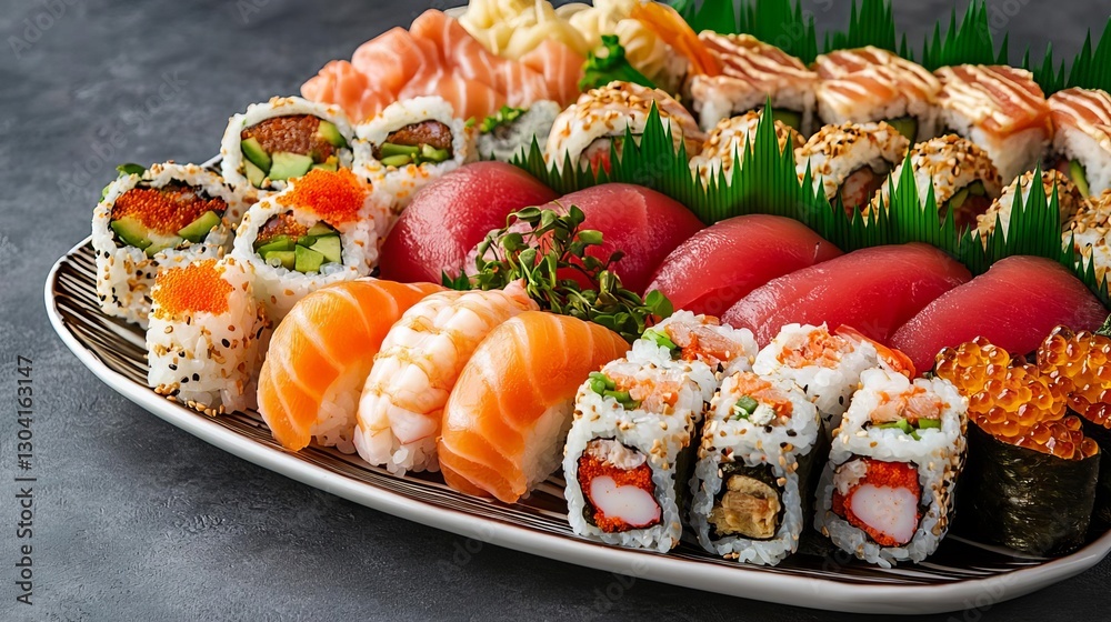 Vibrant sushi platter featuring various sushi and sashimi delicacies. Vibrant sushi platter featuring various sushi and sashimi delicacies.