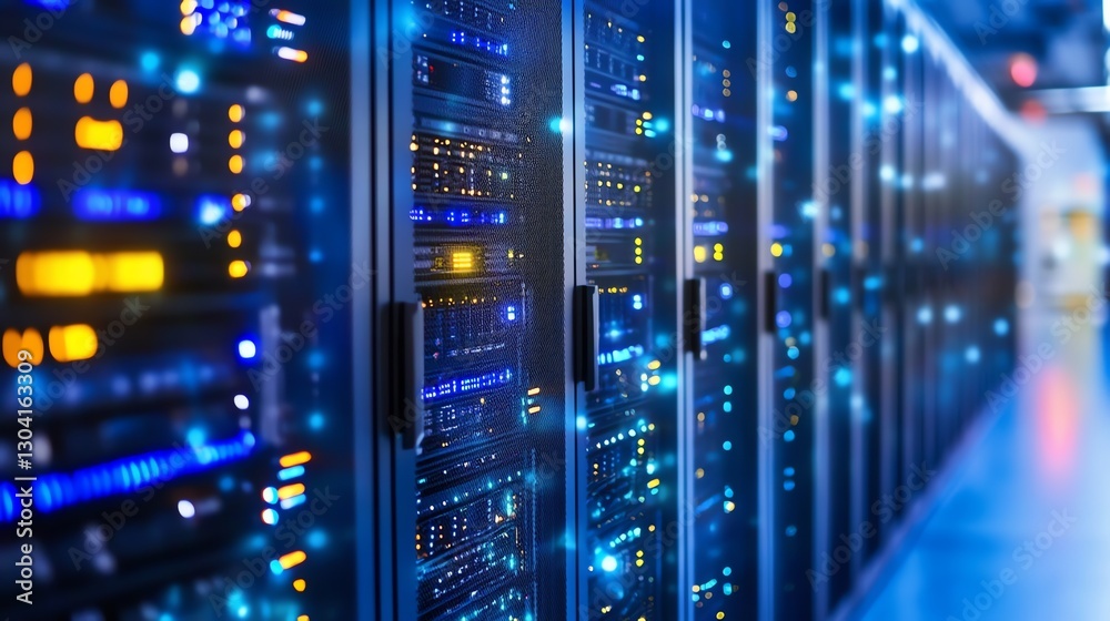 A detailed view of a modern data center showcasing servers, racks, and advanced tech. Perfect for IT, cloud computing, and digital transformation visuals A detailed view of a modern data center showcasing servers, racks, and advanced tech. Perfect for IT, cloud computing, and digital transformation visuals