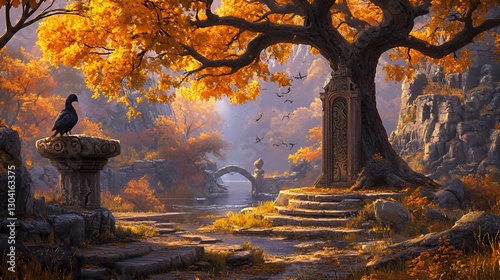 Autumnal Forest Scene with Ancient Ruins and Bird