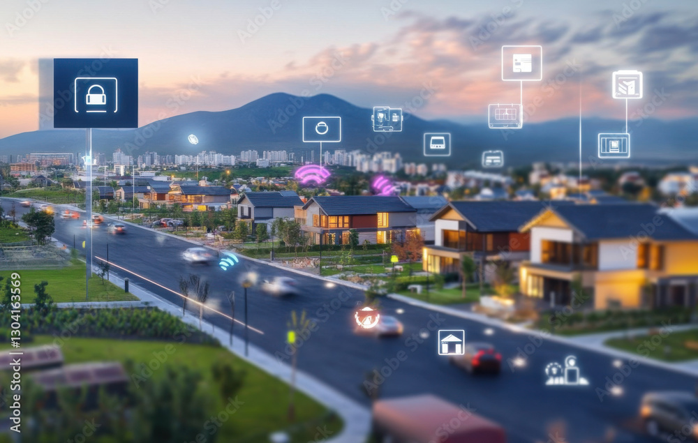 Obraz premium Smart city with digital icons, modern houses, and scenic mountains