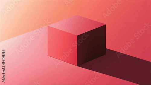 The image depicts a three-dimensional red cube positioned on a pinkish-orange gradient background.  The cube casts a noticeable shadow, suggesting a light source from above and to the left.